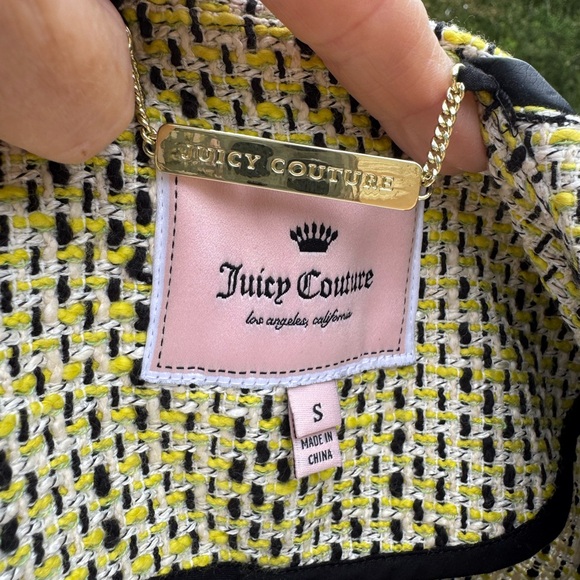 Juicy Couture Yellow/Green Tweed Jacket front zip faux leather trim size small - Picture 13 of 13